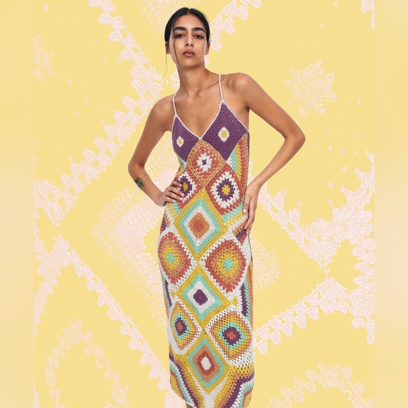 Zara Dresses & Skirts - Zara Colorful Crochet Patchwork Midi Dress Boho Beach Sz M